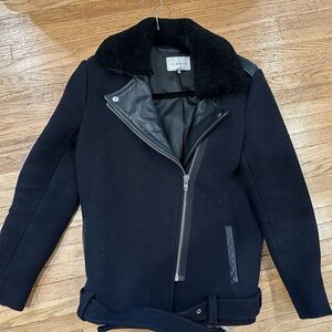 Sandro motorcycle coat with removable shearling collar 36/ small navy blue